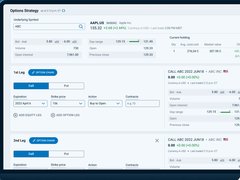 Options trading page shown on a laptop