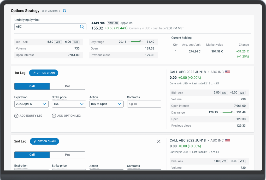 Laptop showing options trading page