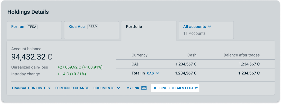 View holding details legacy from the holdings screen