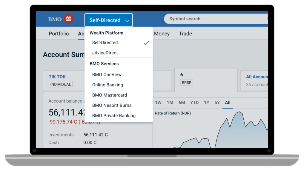 Dropdown menu showing other bmo services, such as online banking, bmo nesbitt burns etc