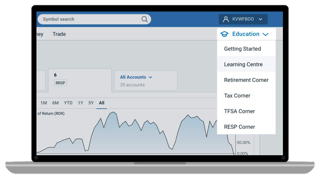 Education dropdown menu, displaying Getting started, learning centre, retirement corner, tax corner, tfsa corner and resp corner.