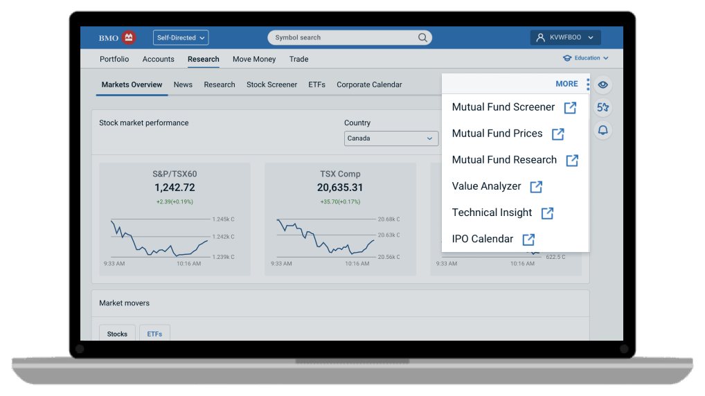 'more' drop down menu on research tab, shows mutual fund screener, mutual fund prices, mutual fund research, value analyzer, technical insight, ipo Calendar